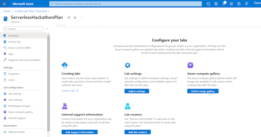 Default screen (Overview) of the lab plan where you have multiple options. 1. Creating labs 2. Lab settings 3. Azure Compute Gallery 4. Internal Support Information 5. Lab creators
